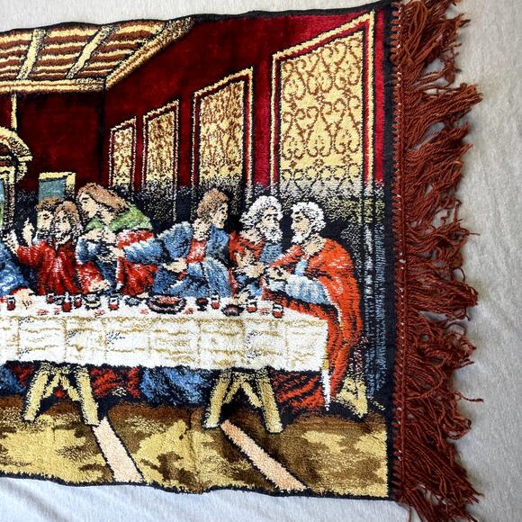 Vintage P&C Italian Tapestry The Last Supper 1970s Red Fringe 40 x 20 - Picture 2 of 11